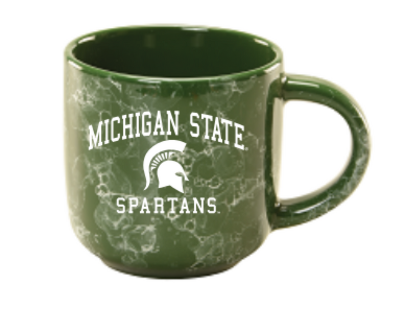 Green and white marbled mug with white lettering towards the top saying ' Michigan State'. Below is a white Spartan Helmet logo. Below logo is the word 'Spartans' in white block lettering.