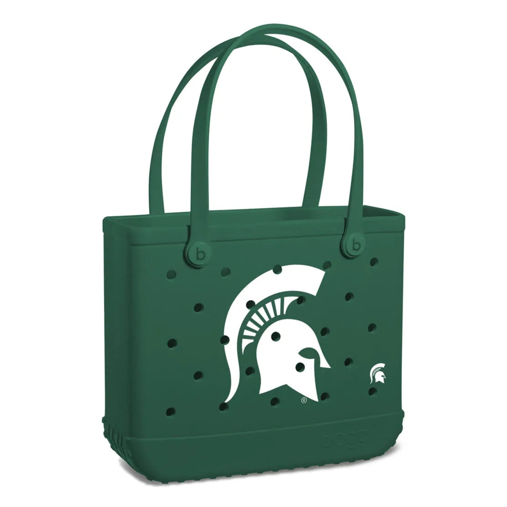 Green tote bag with white spartan helmet logo centered on bag. A small white spartan helmet on the lower left side of bag front. Holes on long side of the bag to help with drying. On a white background