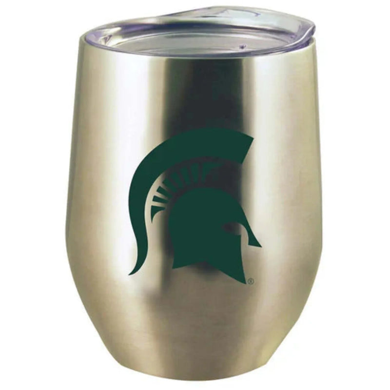 Stainless steel travel stemless wine glass. Has green Spartan helmet centered on side. 