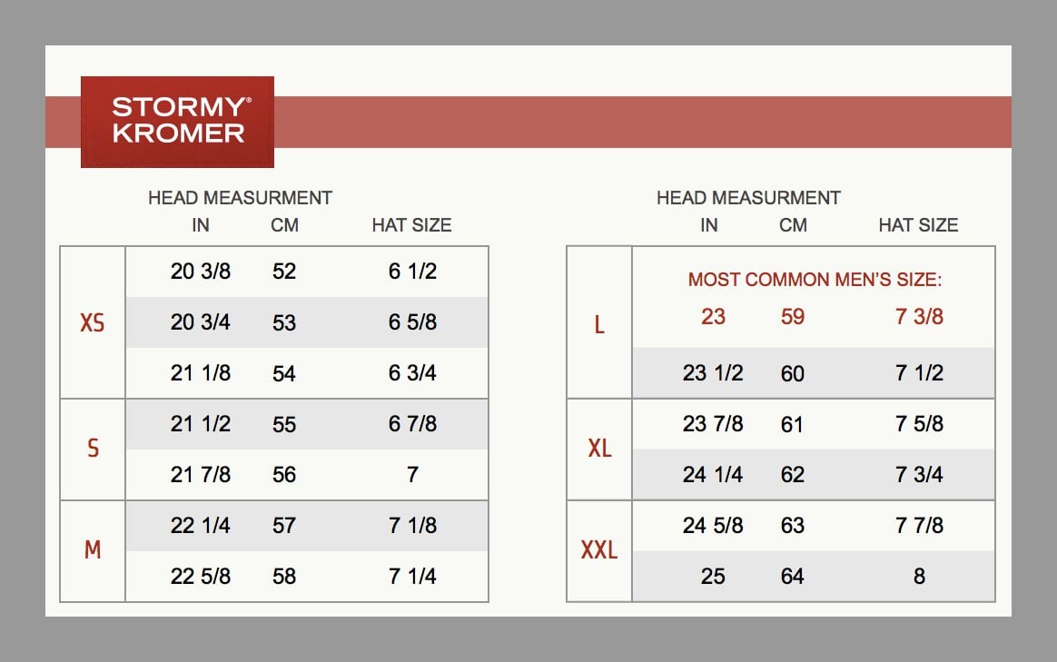 Stormy Kromer hat size chart with measurements in inches and centimeters.