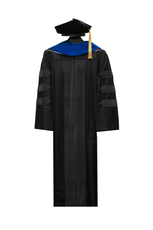 Black academic doctoral graduation gown with three velvet bars on each sleeve, a blue velvet hood, and a black velvet tam featuring a gold tassel.