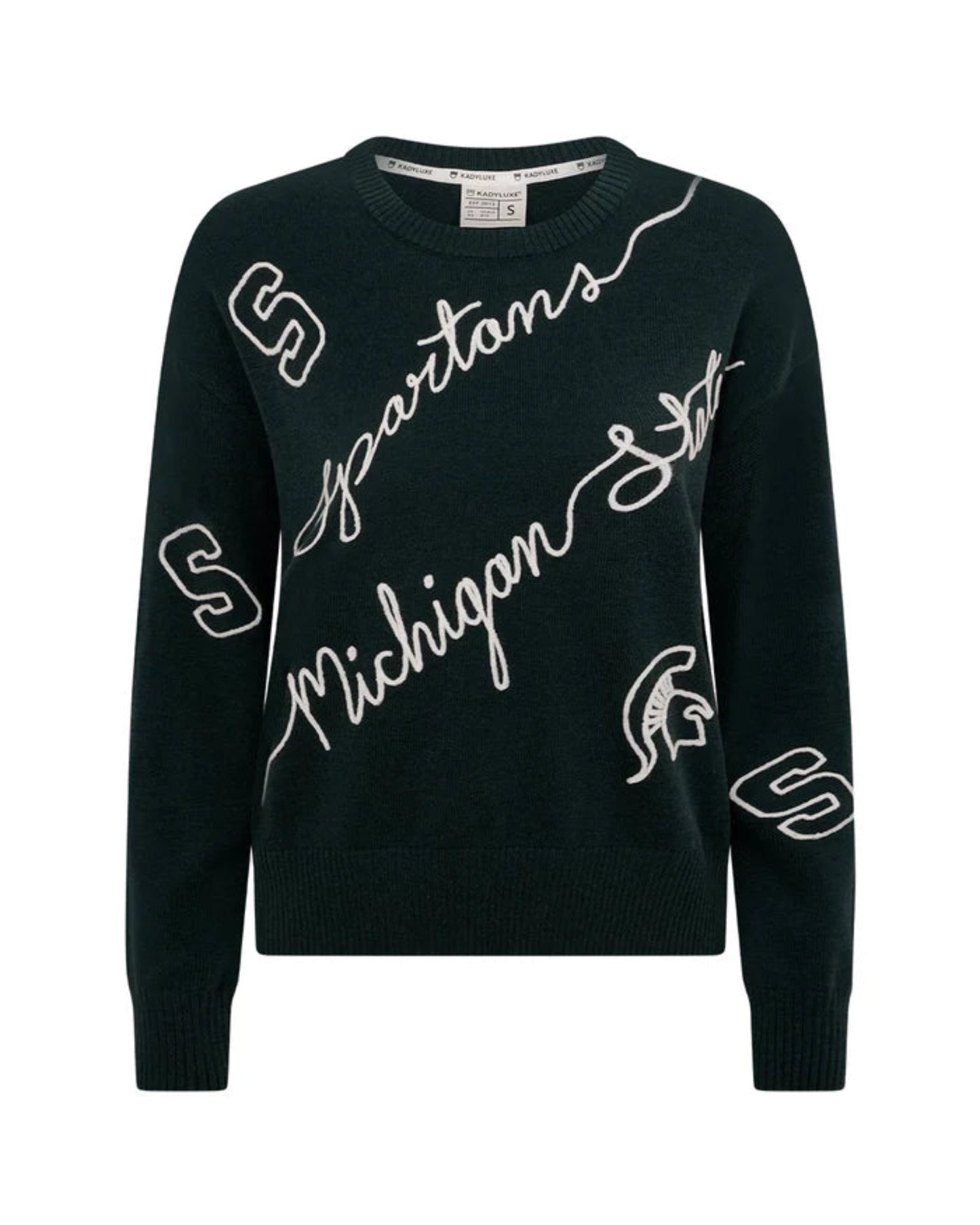 Hunter green sweater with 'Spartans Michigan State' text in white script lettering. White block 'S' and spartan helmet. 
