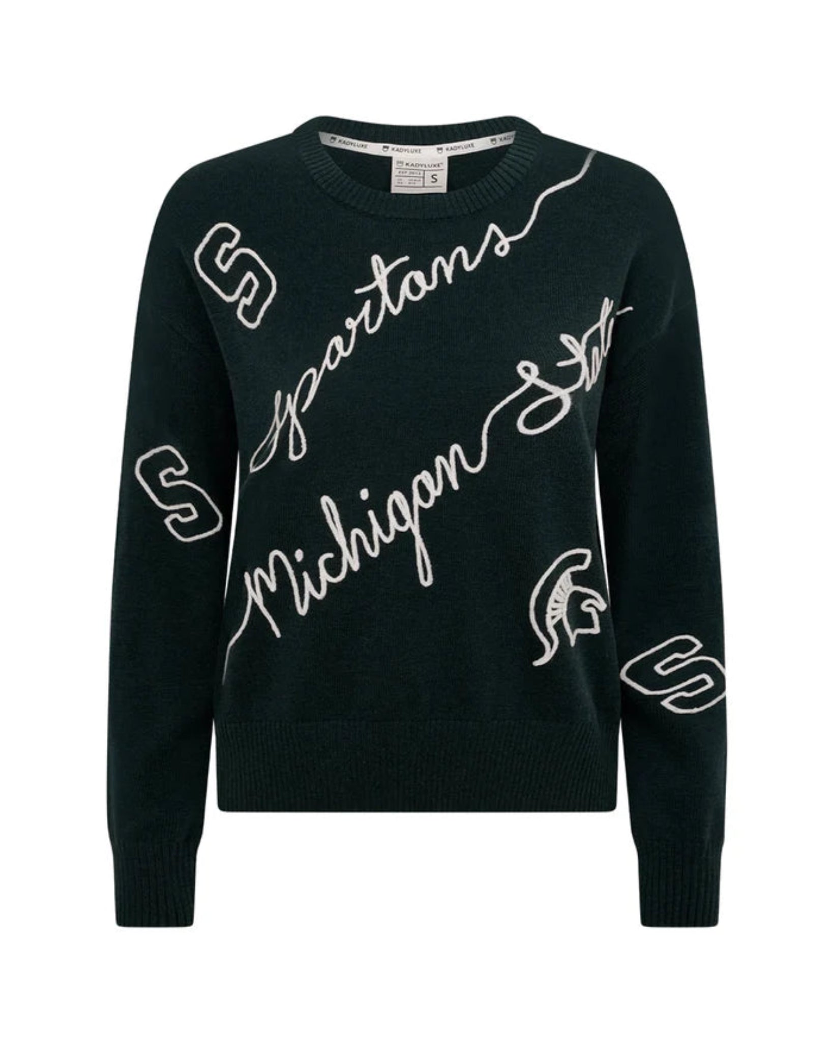 Hunter green sweater with 'Spartans Michigan State' text in white script lettering. White block 'S' and spartan helmet. 
