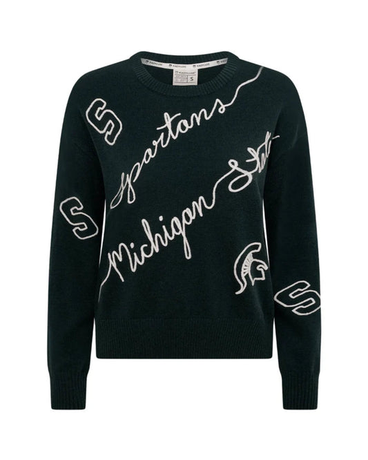 Hunter green sweater with 'Spartans Michigan State' text in white script lettering. White block 'S' and spartan helmet. 
