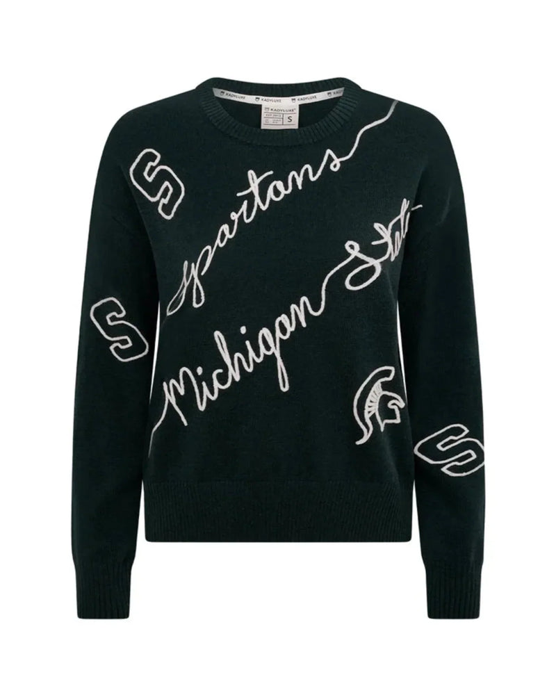 Hunter green sweater with 'Spartans Michigan State' text in white script lettering. White block 'S' and spartan helmet. 
