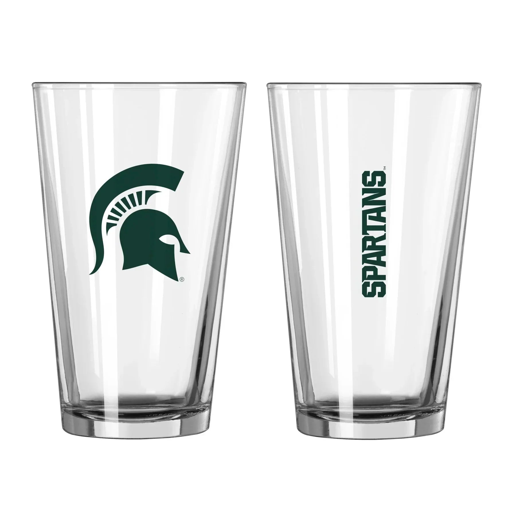 Two views of a pint glass with a green Spartan helmet on one side and the word "Spartans" in green on the other side.