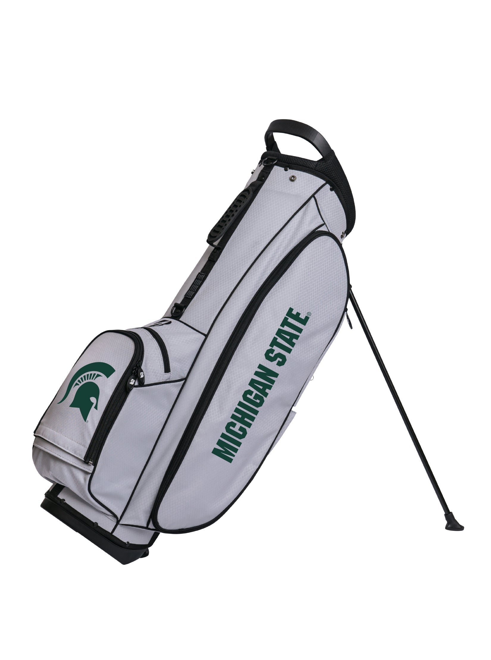 Gray golf bag with Michigan State logo on a white background