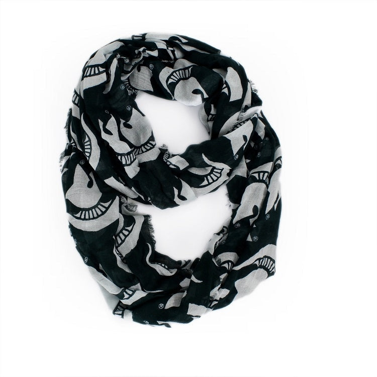 A green infinity scarf with an all-over white Spartan Helmet pattern. The scarf features frayed edges for a distressed look.