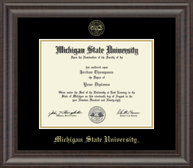 The diploma is mounted on a black matte background with a black and gold-trimmed frame. In gold lettering at bottom of matte is 'Michigan State University'. Top of Matte is gold embossed Michigan State University Seal. 