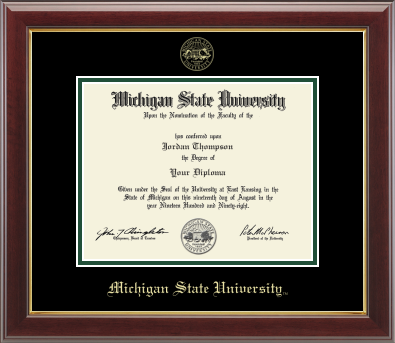 The diploma is enclosed in a dark wood frame with a black matte and green trim. 'Michigan State University' is printed in gold lettering at the bottom center of the frame.