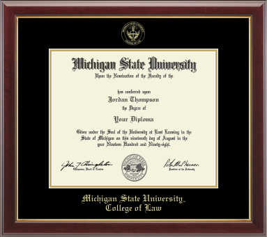 The diploma is set in a dark red wood frame with black matting with gold accents, and includes the university seal and signatures. 'Michigan State University, College of Law' is printed at the bottom