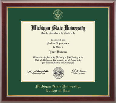 The diploma is set in a dark red wood frame with green matting with gold accents, and includes the university seal and signatures. "Michigan State, University College of Law" is printed at the bottom.