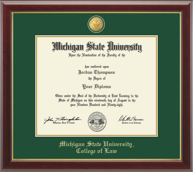 The diploma is displayed in a dark wood frame with a green matte and gold trim, and includes signatures from university officials. In gold and cursive writing is "Michigan State University." Below in gold cursive letters is "College of Law."