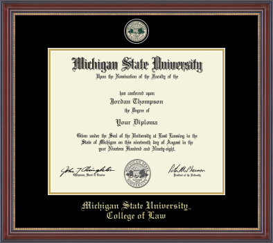 The diploma is enclosed in a dark wood frame with a black matte with gold accents and gold trim. In gold cursive letters 'Michigan State University' at bottom. Below in gold cursive letters 'College of Law'. Top of matting is gold engraved Michigan State University seal. 