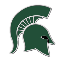 Green Spartan helmet with silver outline. 