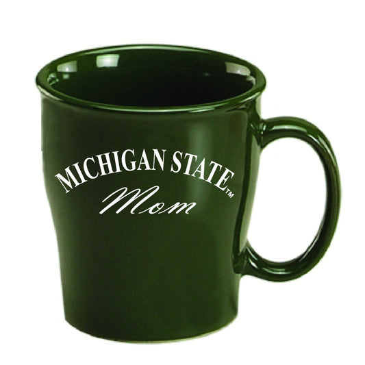 A green ceramic mug with 'MICHIGAN STATE Mom' printed in white text on the side.