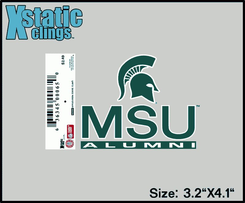Rectangle decal that at the top has a green Spartan Helmet and is out lined in  white. Below helmet in green block letters is 'MSU'. Below MSU is a long green rectangle that has white block letters 'Alumni'. 