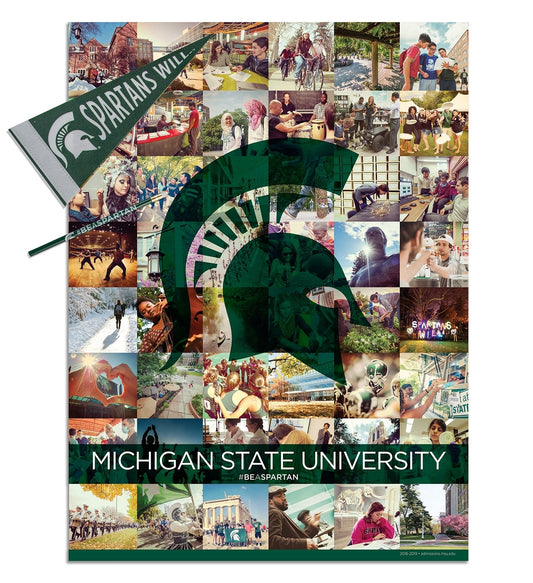 Poster with a collage of Michigan State University photos, green Spartan Helmet logo, and "Michigan State University" wordmark. A Spartans Will pennant and a #BeASpartan pencil shown in the top left corner of the photo. Shown on a white background. 