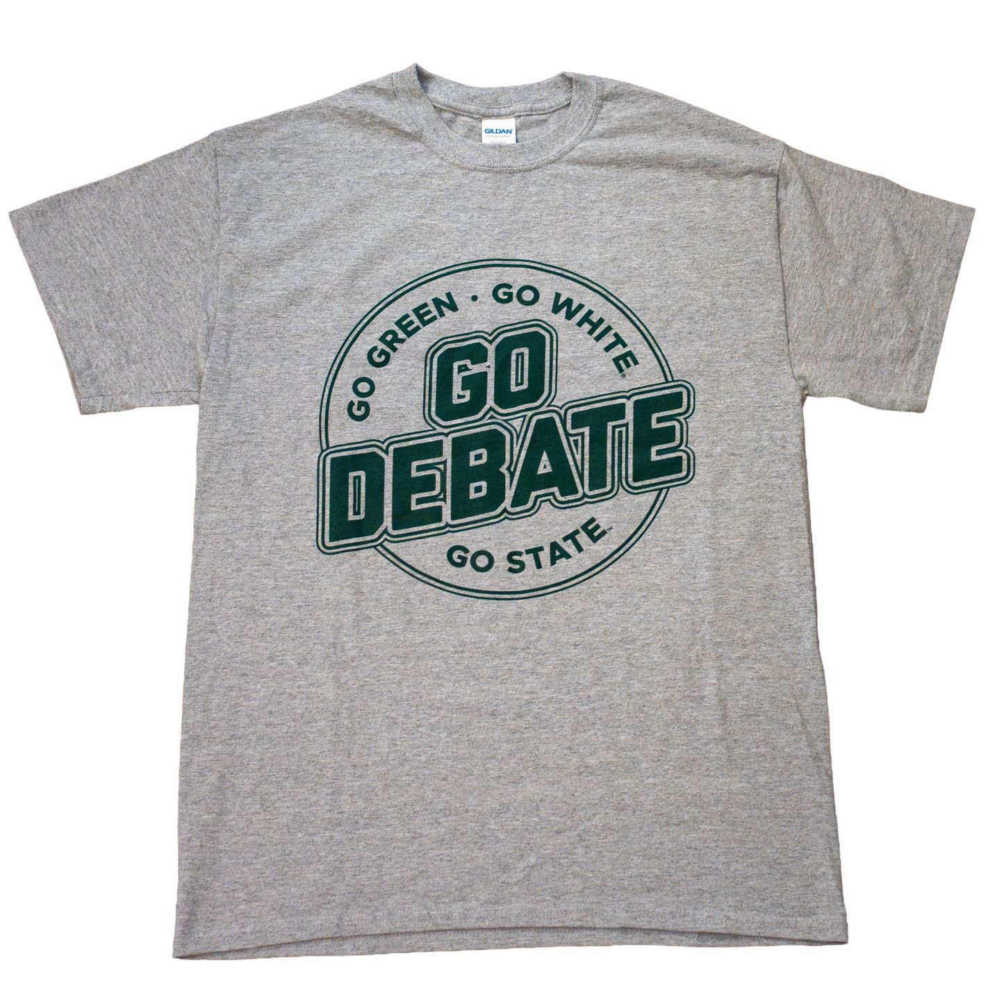 A heather gray short-sleeve t-shirt with a dark green graphic on the front reading 'GO GREEN - GO WHITE GO DEBATE GO STATE' inside a circular design.