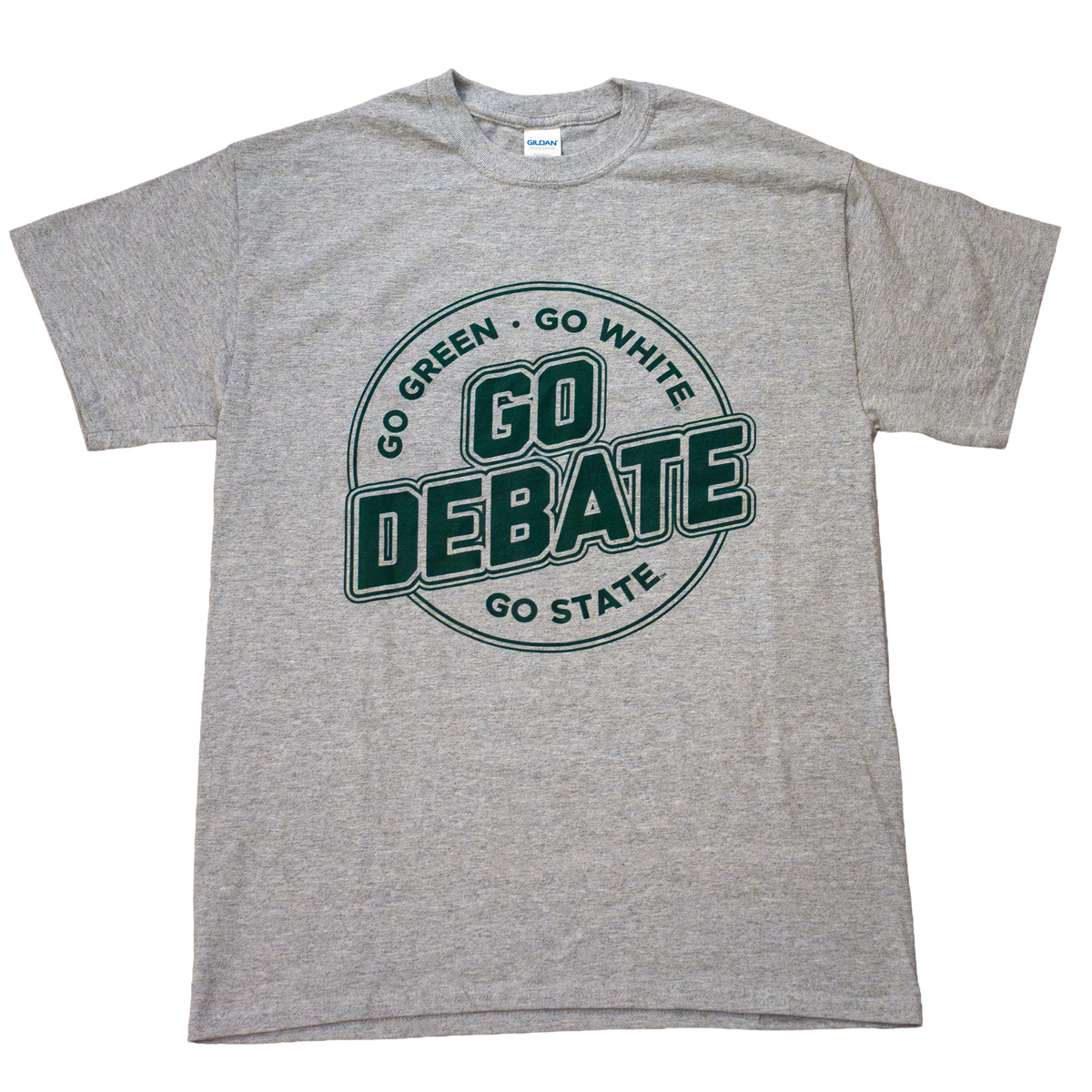 A heather gray short-sleeve t-shirt with a dark green graphic on the front reading 'GO GREEN - GO WHITE GO DEBATE GO STATE' inside a circular design.