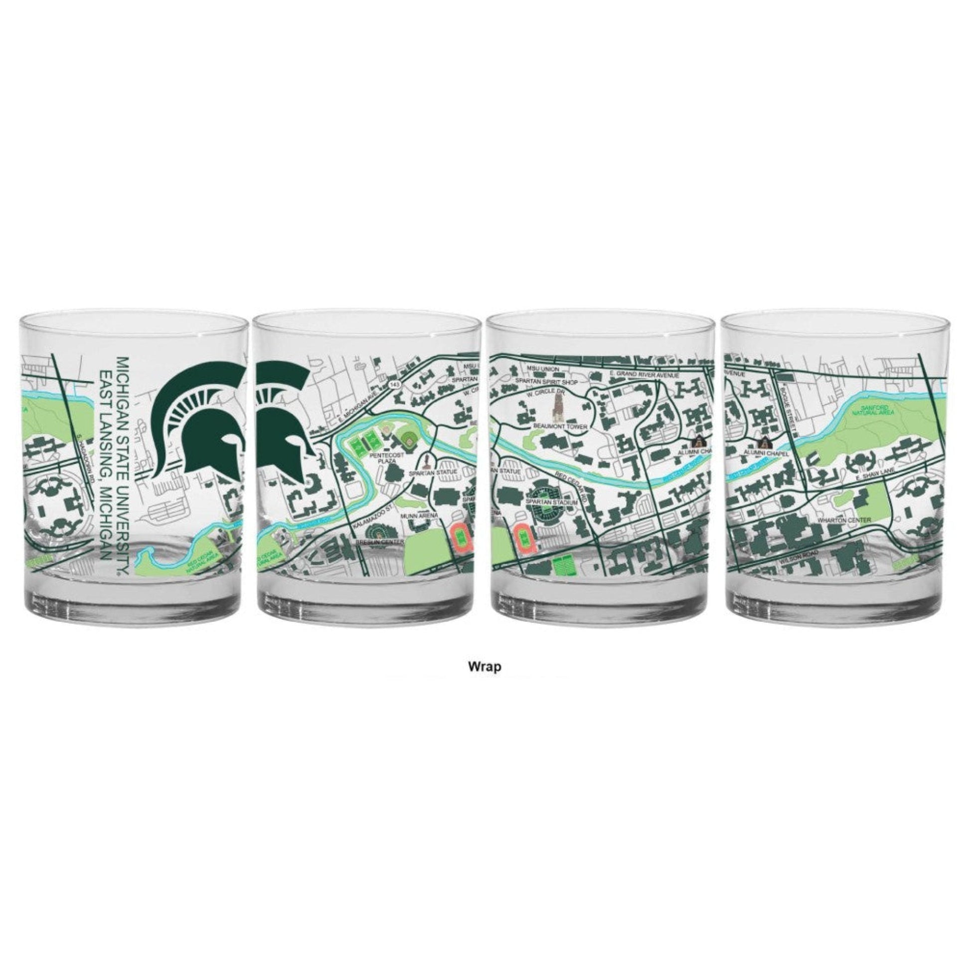 Four views of a rocks glass with a campus map printed on it with the words "Michigan State University East Lansing, Michigan" in green next to a green Spartan Helmet.