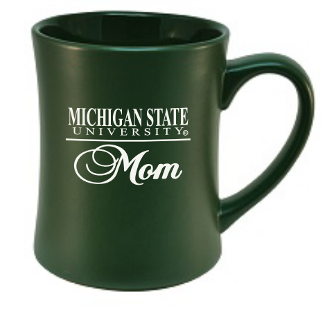 A green ceramic mug with "Michigan State University Mom" text in an etched design on the front.