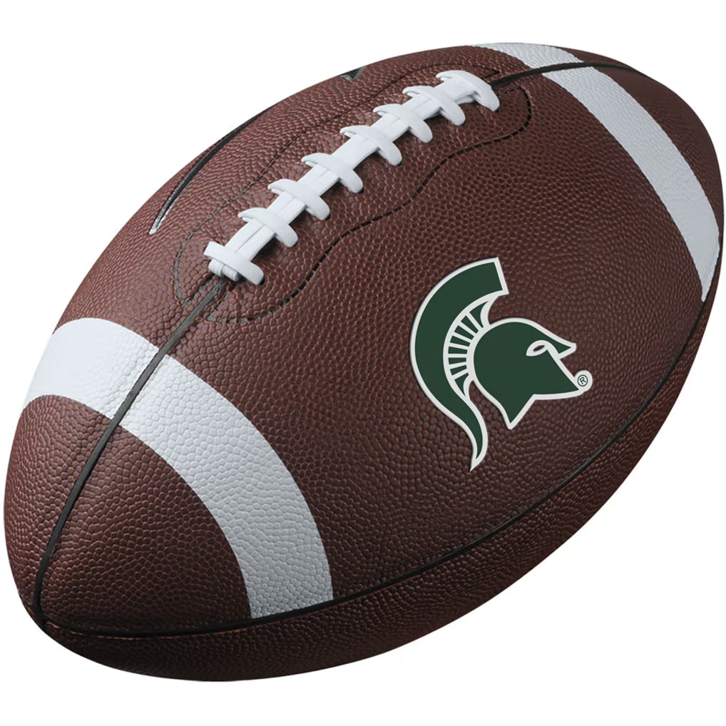 Michigan State Spartans football featuring  a green Spartan helmet logo, brown pebbled texture side panels, white laces, and black piping,