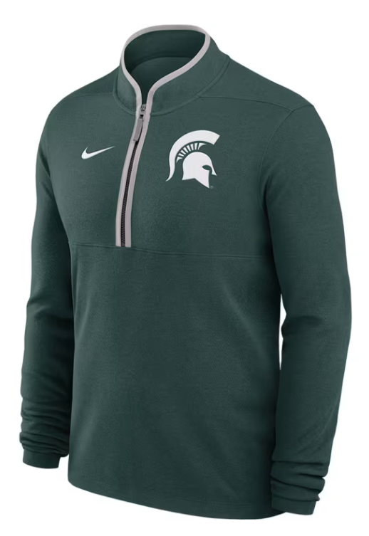A green quarter zip with a white Spartan helmet logo on the upper left chest.