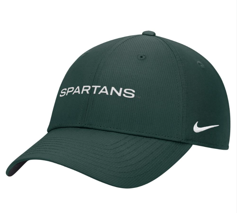Dark green structured Velcro adjustable strap. Embroidered in white across the front to panels is 'Spartans'. On left side of hat is a Nike Swish logo. 