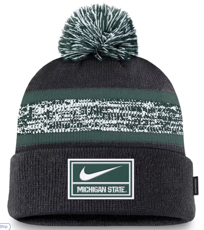 Dark gray knit beanie with green stripes, pom-pom, and Nike Michigan State logo patch.