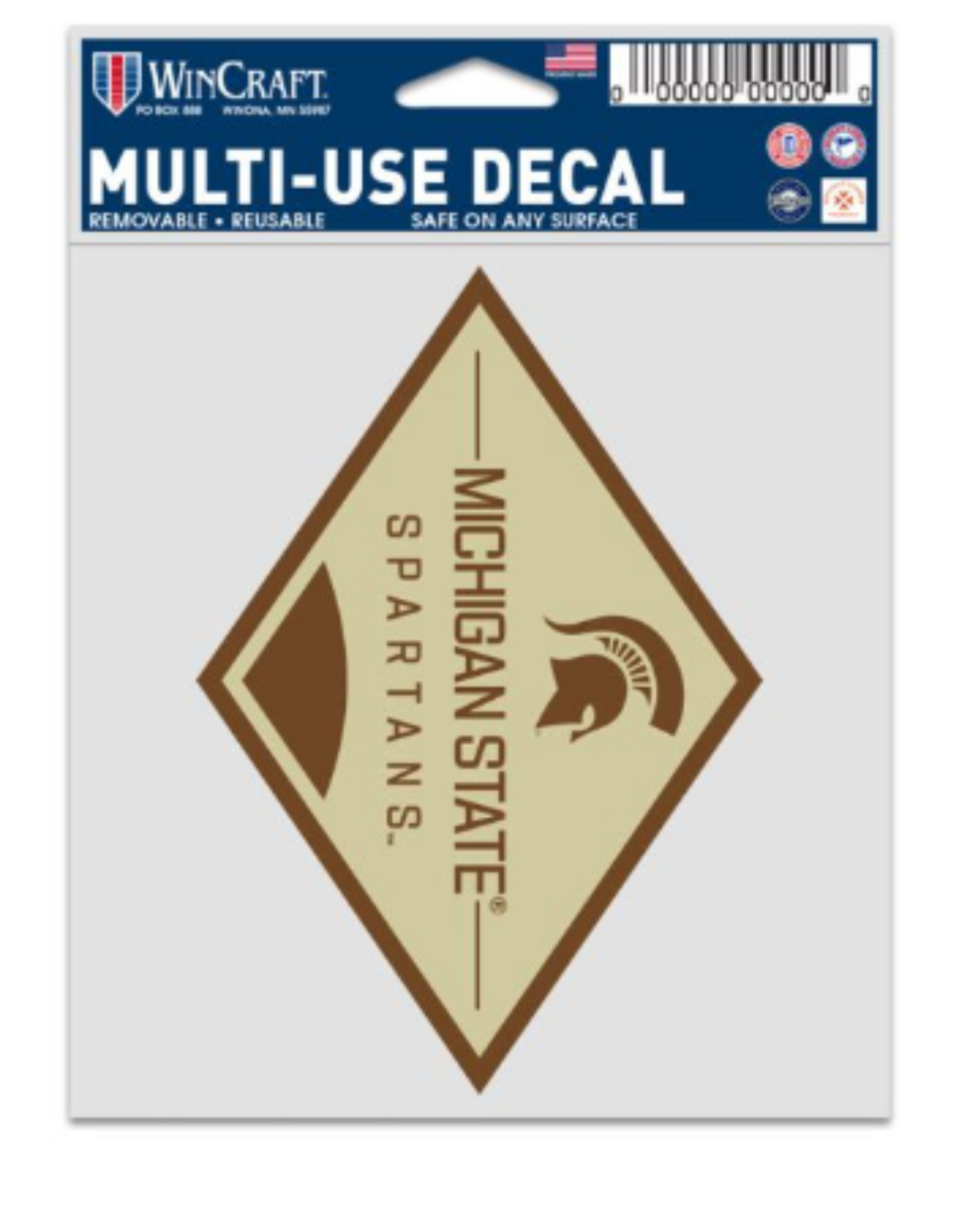 A Wincraft Michigan State Spartans decal with a beige color scheme, in a diamond shape with the text "Michigan State Spartans" and the Spartan Helmet logo in brown.