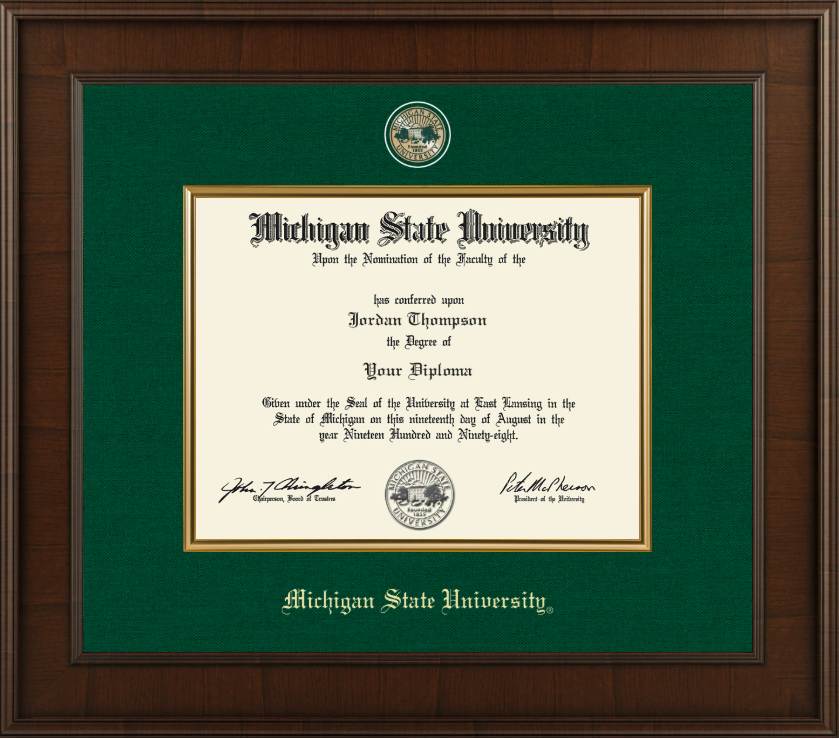 Diploma frame with dark wood frame. Green linen matts with golf engraved Michigan State University Medallion centered above the diploma display opening. Diplomoa frame opening surrounded with gold fillet accents. Michigan State University gold embossed centered below the diploma display opening. 