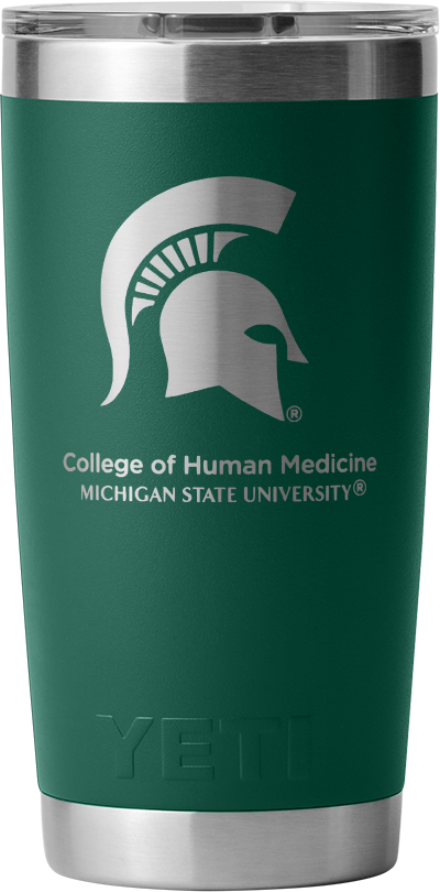 A green, 20 ounce beverage tumbler with a silver etched Spartan Helmet logo and the words "Michigan State University College of Human Medicine" below it.