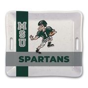 Michigan State Spartans square platter featuring a vintage-style running Football player graphic, vertical "MSU" lettering on the left side, and bold "SPARTANS" text across the bottom. The design is displayed in green and white with a speckled background and rounded corners.