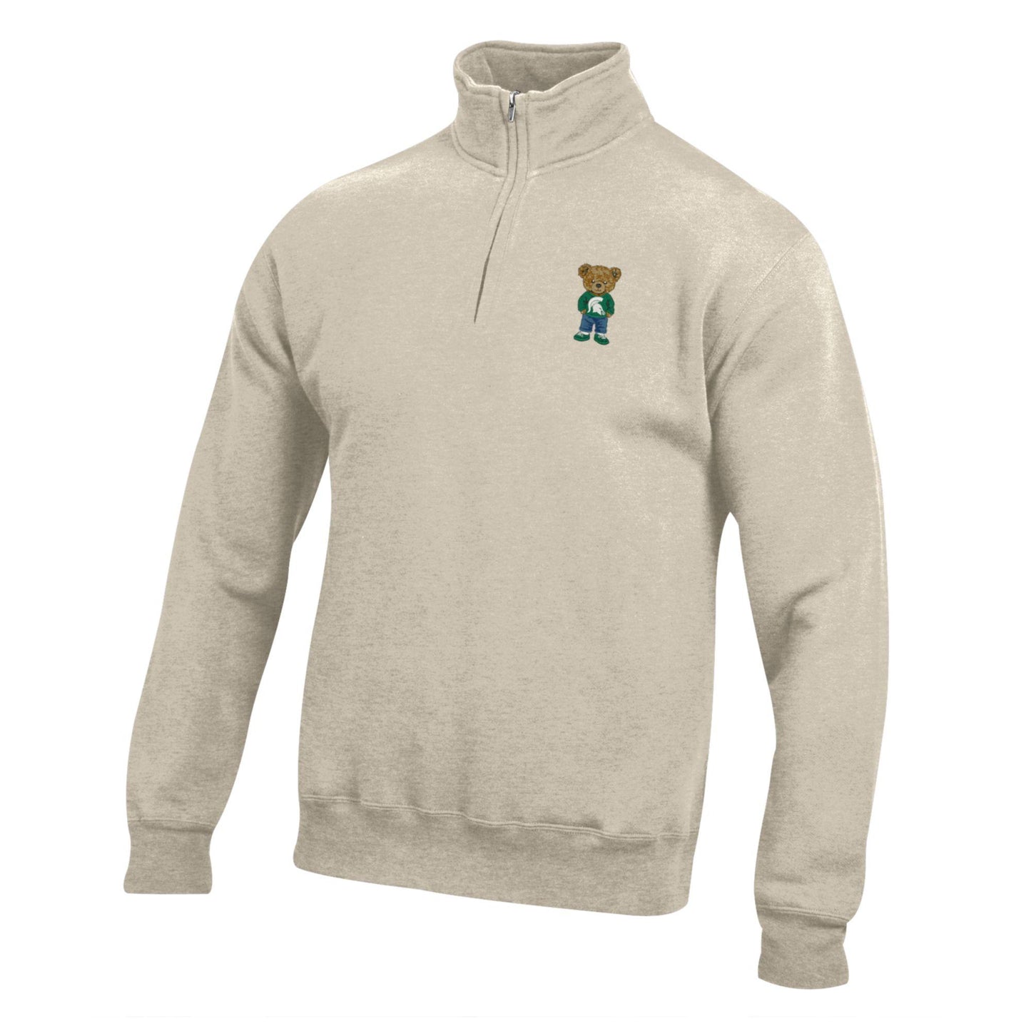 Light beige quarter-zip with an embroidered teddy bear graphic that is wearing a sweatshirt with "Michigan State" written on it, green pants, and green and white shoes. 