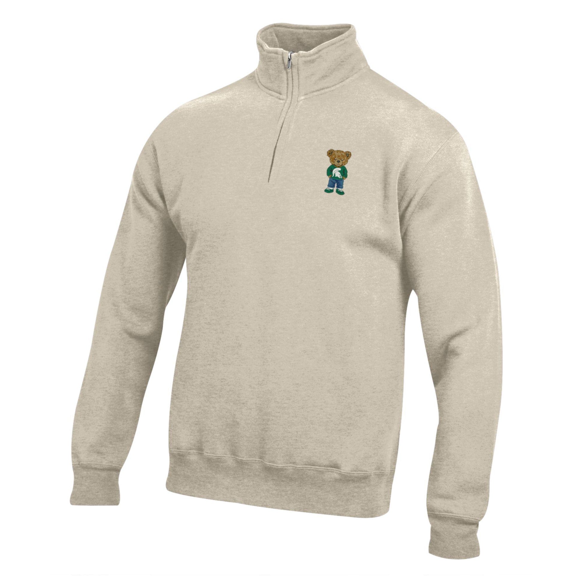 Light beige quarter-zip with an embroidered teddy bear graphic that is wearing a sweatshirt with "Michigan State" written on it, green pants, and green and white shoes. 