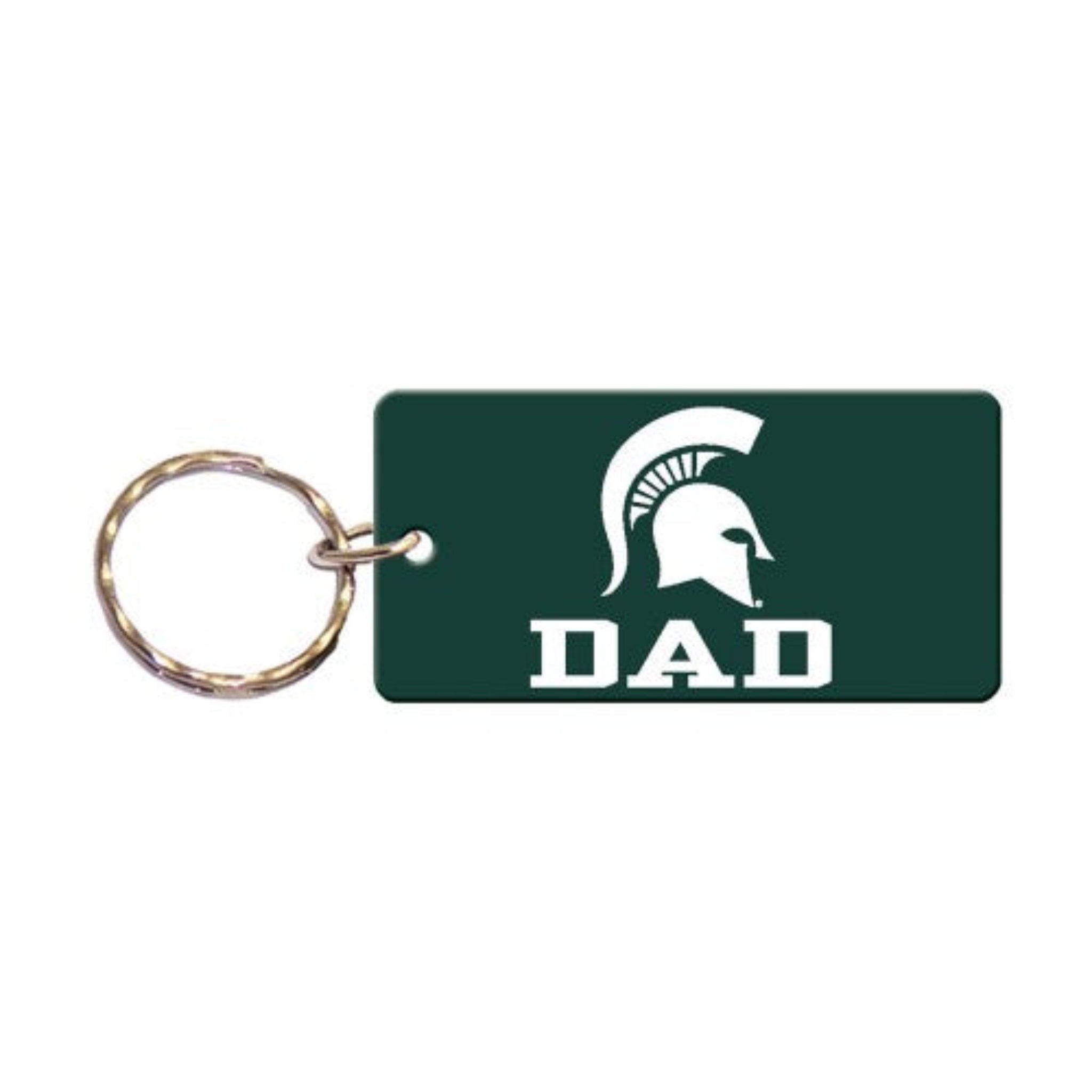 A rectangle shaped keychain that is green and attached to a gold keyring. In white block letters is the word 'Dad' and a white spartan helmet above. 