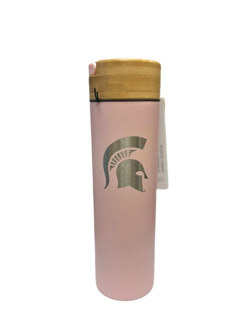 A skinny pink tumbler with a bamboo lid and a silver Spartan helmet in the center.