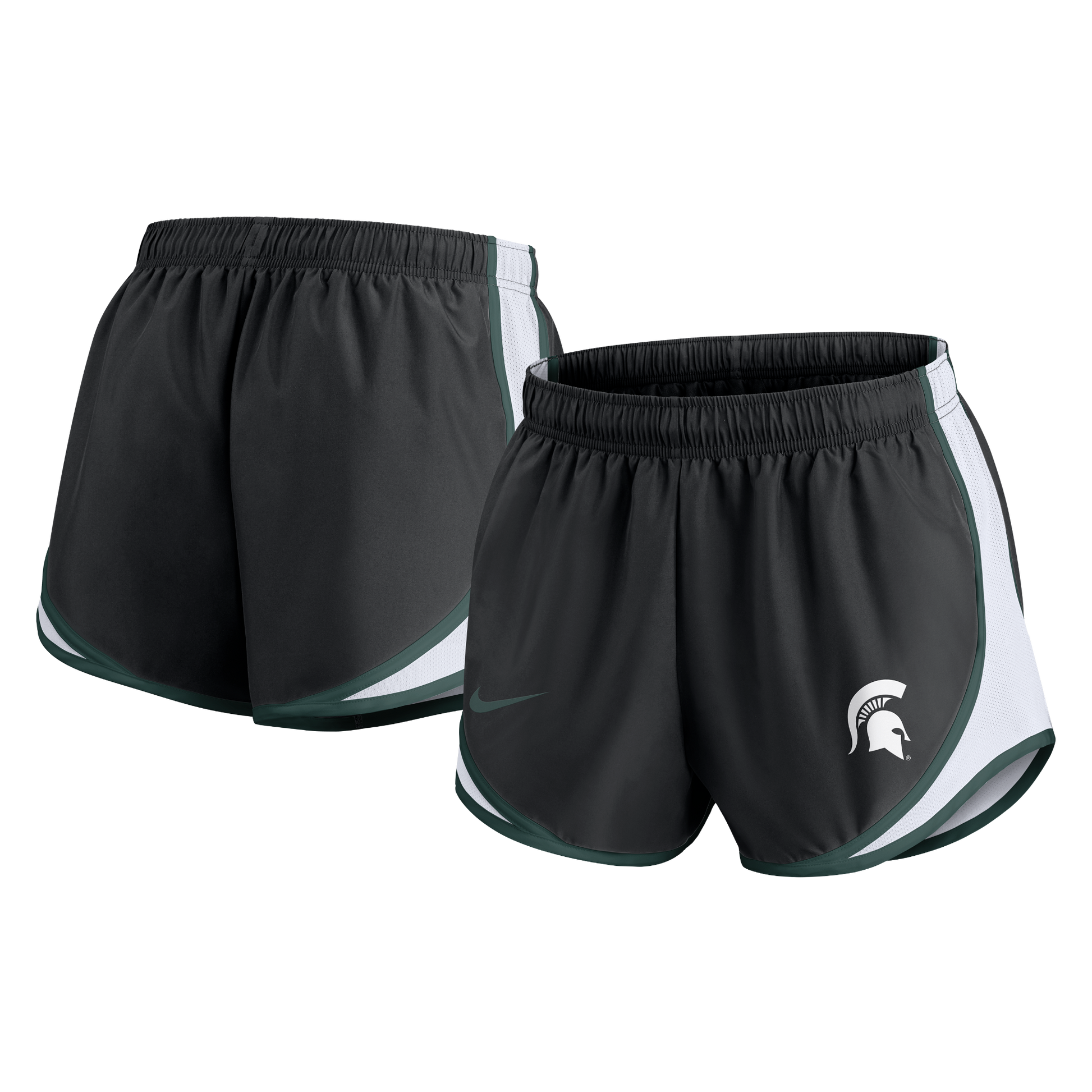 A pair of women's Michigan State running shorts in black with green and white accents, featuring a Nike logo and a Spartan Helmet.