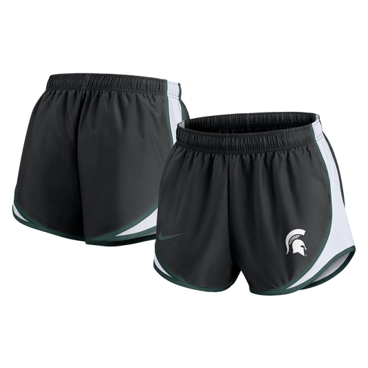 A pair of women's Michigan State running shorts in black with green and white accents, featuring a Nike logo and a Spartan helmet.