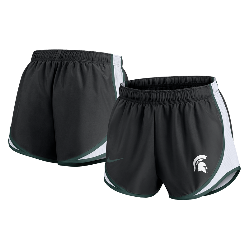 A pair of women's Michigan State running shorts in black with green and white accents, featuring a Nike logo and a Spartan helmet.