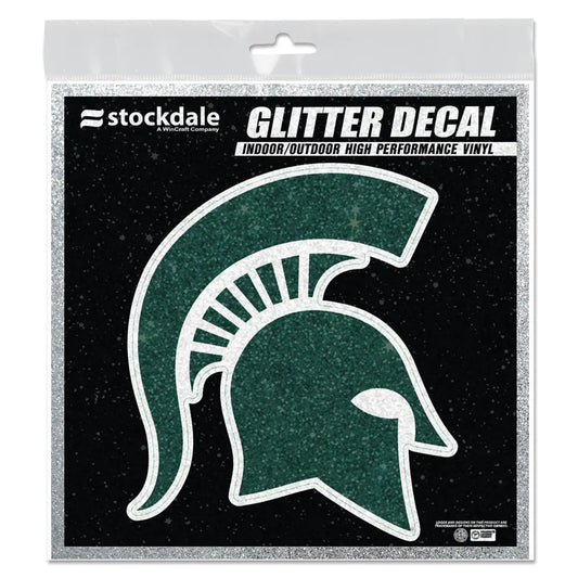 Green and white glitter decal of a Spartan Helmet logo. The Spartan Helmet is green and outlined in silver.