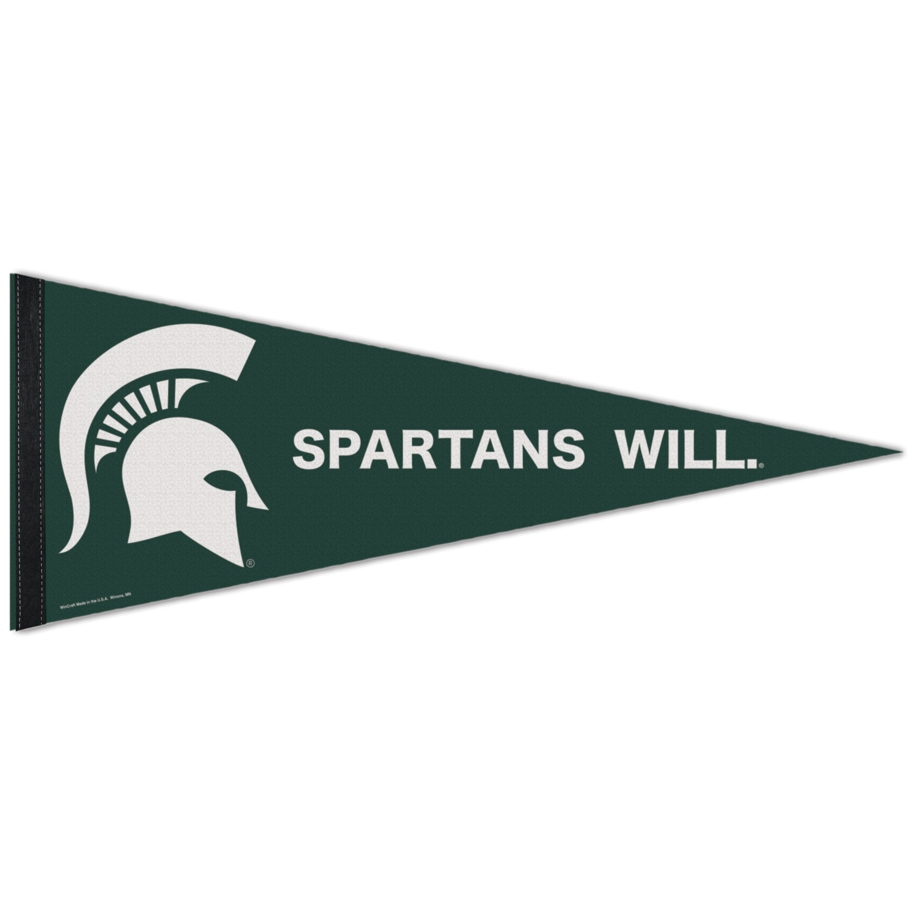 A green pennant with a white Spartan Helmet logo and the slogan "Spartans Will."