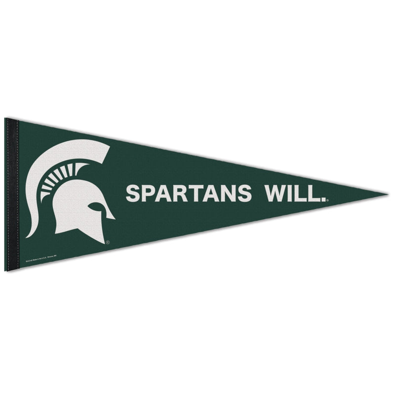 A green pennant with a white Spartan helmet and the slogan "Spartans will."