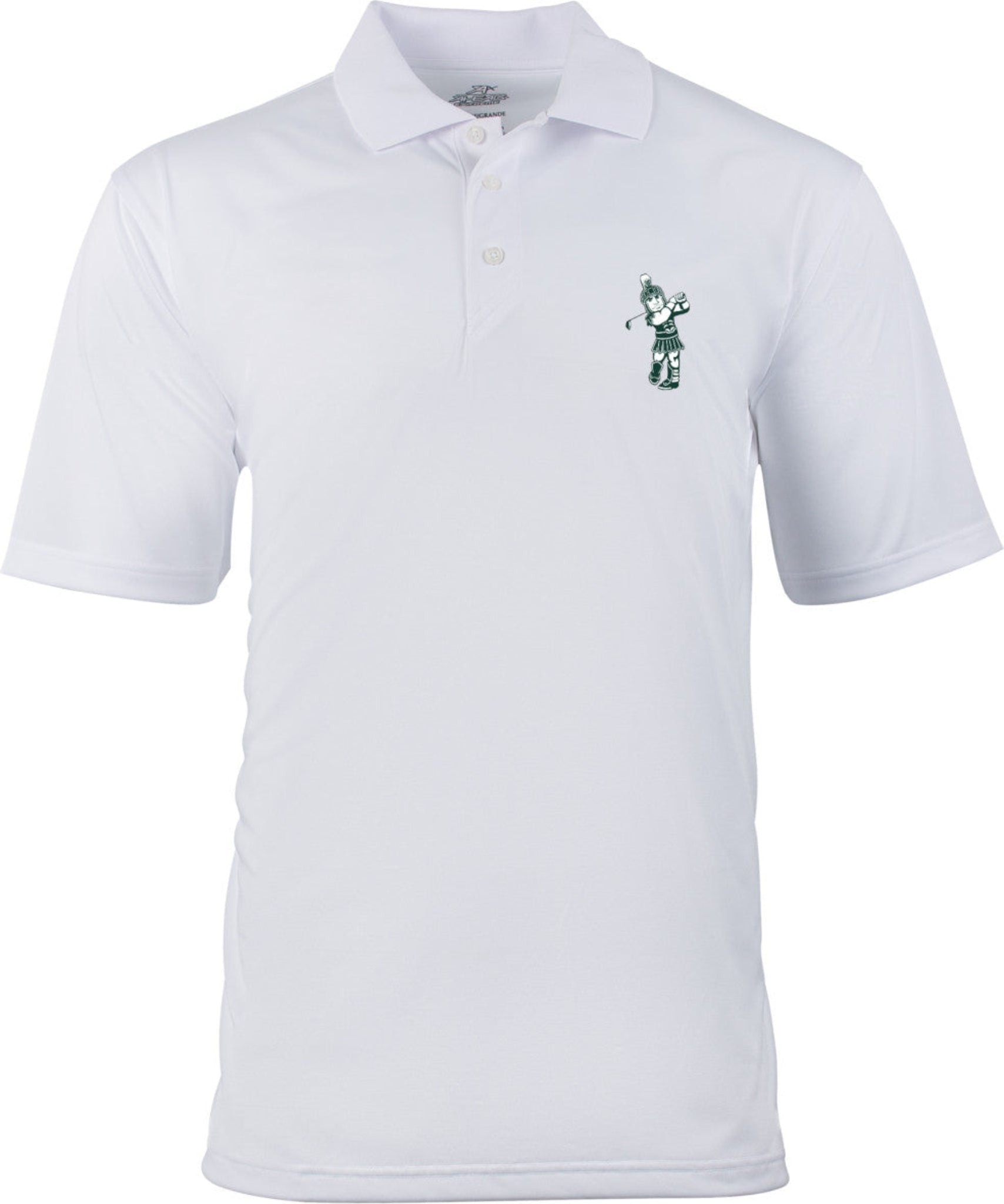 A white polo with a golfing Sparty logo on the upper left chest.