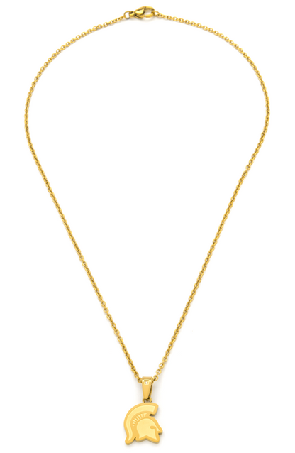 Gold colored stainless steel necklace with a Spartan Helmet pendant. Shown on a white background.