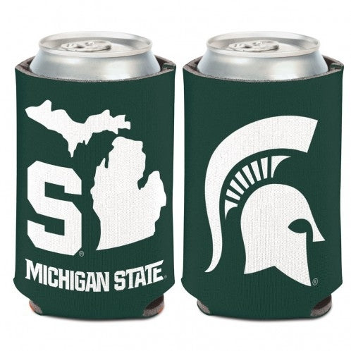 Green two sided can cooler. One side a white Spartan Helmet centered. Other side has white block S, State of Michigan image, and white Michigan State. 