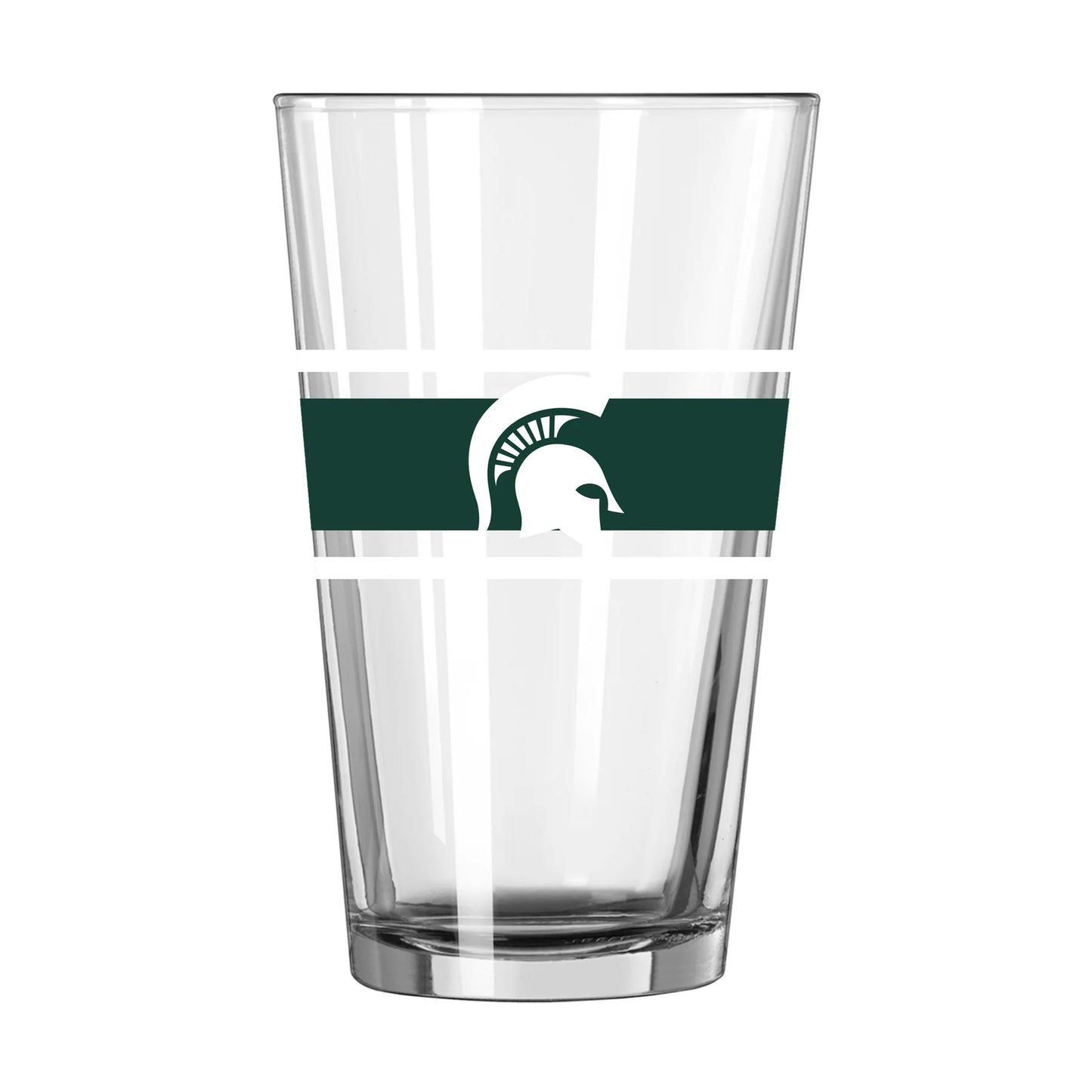 Pint glass cup with two white stripes and a thicker green stripe in the middle. On top of the green stripe is a Spartan Helmet logo in white. 