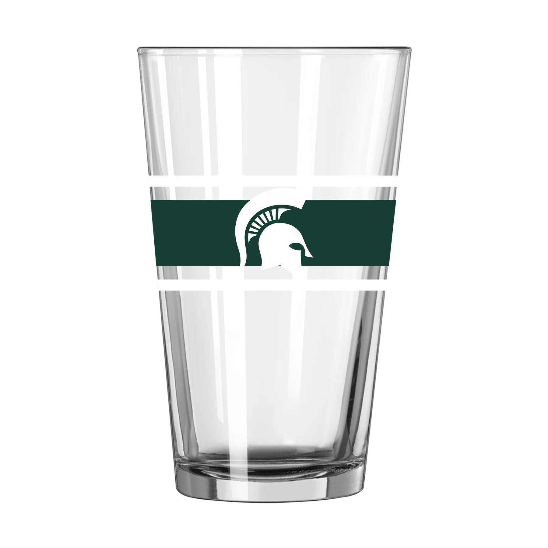 Pint glass cup with two white stripes and a thicker green stripe in the middle. On top of the green stripe is a Spartan Helmet logo in white. 