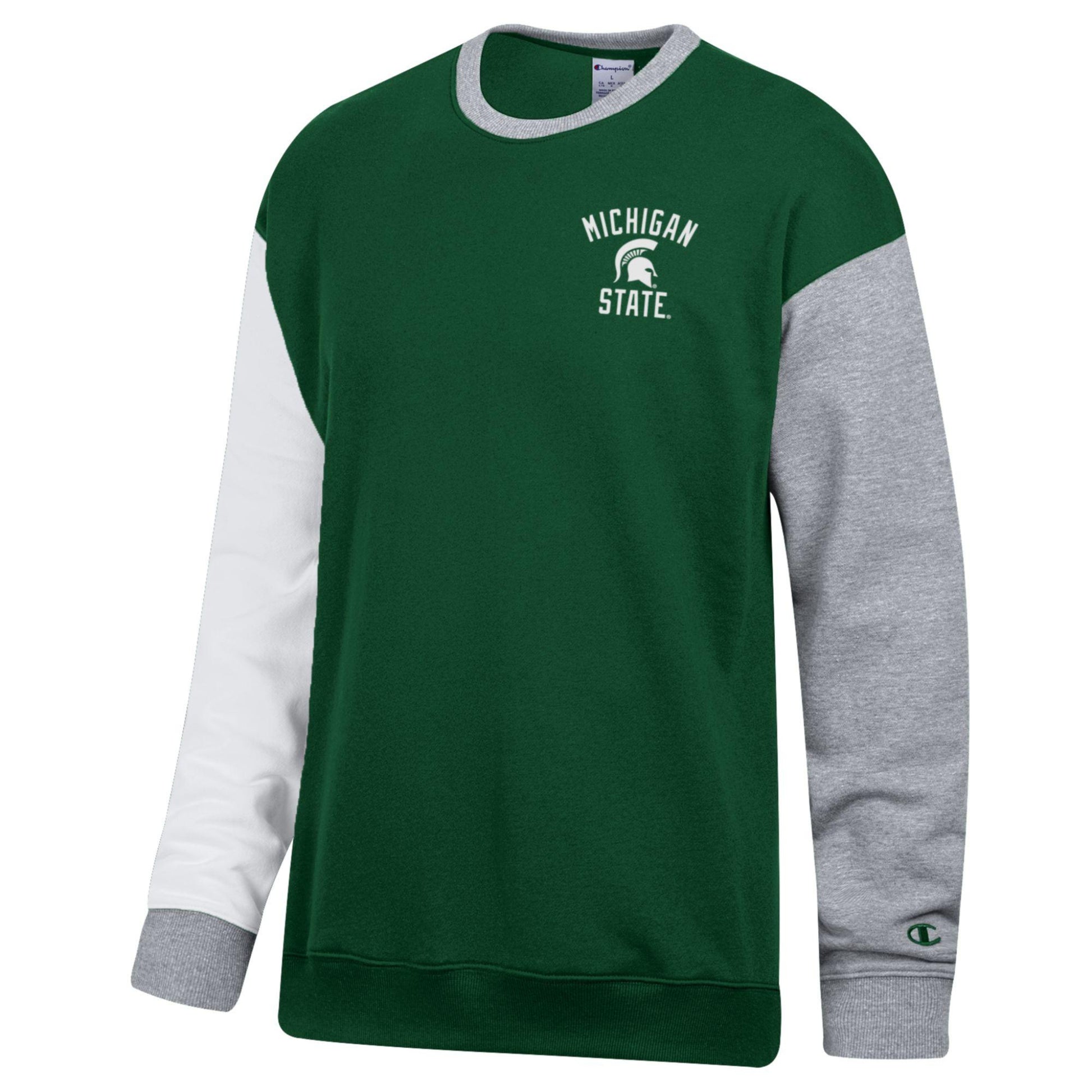 Green, white, and gray crewneck sweatshirt with "Michigan State" printed text and a Spartan Helmet logo printed in between the text in white on the upper left chest. The middle section on the sweatshirt green, the left sleeve is gray, the right sleeve is white, and the collar and cuffs are both gray. Shown on a white background. 